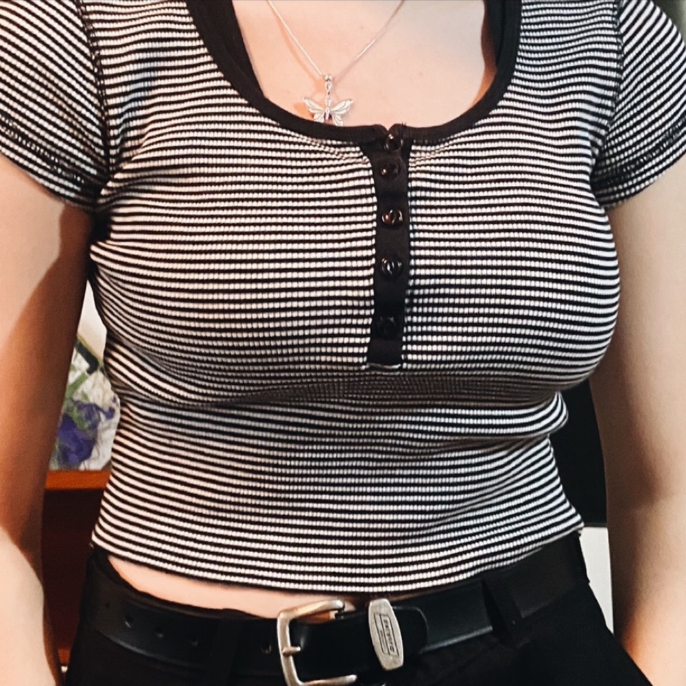 Striped Half Button Crop Top